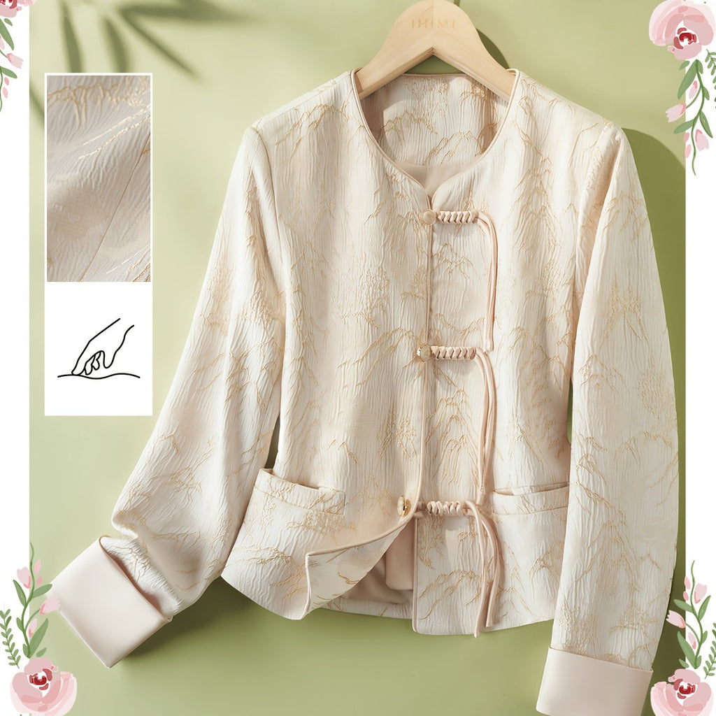 IHIMI Women's Elegant Ethnic Textured Jacket - V-Neck Long Sleeve Button Front Casual Commuter Coat, Machine Washable Lightweight Spring Summer Fall Outerwear, Singlesided Pocket