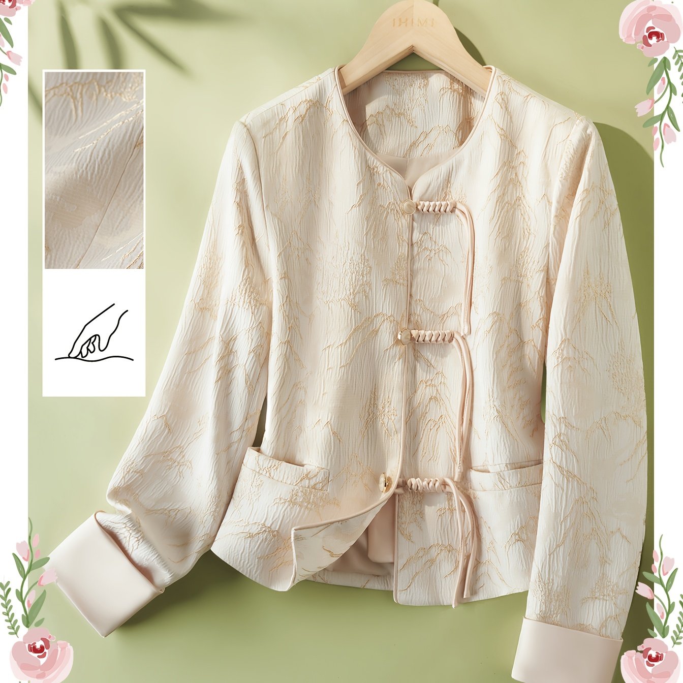 IHIMI Women's Elegant Ethnic Textured Jacket - V-Neck Long Sleeve Button Front Casual Commuter Coat, Machine Washable Lightweight Spring Summer Fall Outerwear, Singlesided Pocket