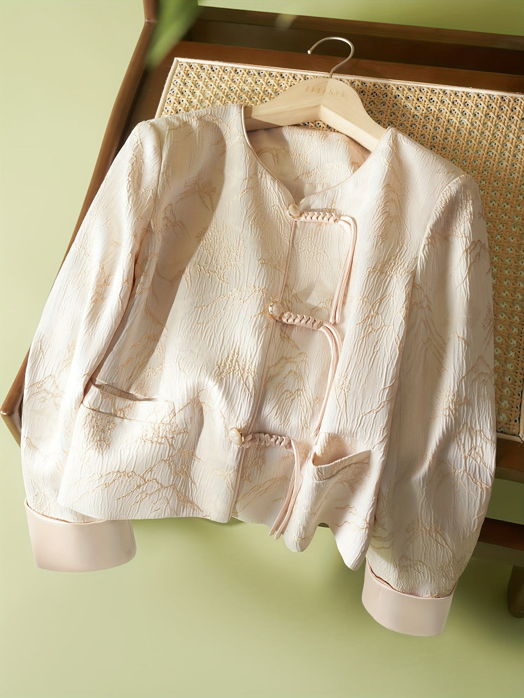 IHIMI Women's Elegant Ethnic Textured Jacket - V-Neck Long Sleeve Button Front Casual Commuter Coat, Machine Washable Lightweight Spring Summer Fall Outerwear, Singlesided Pocket