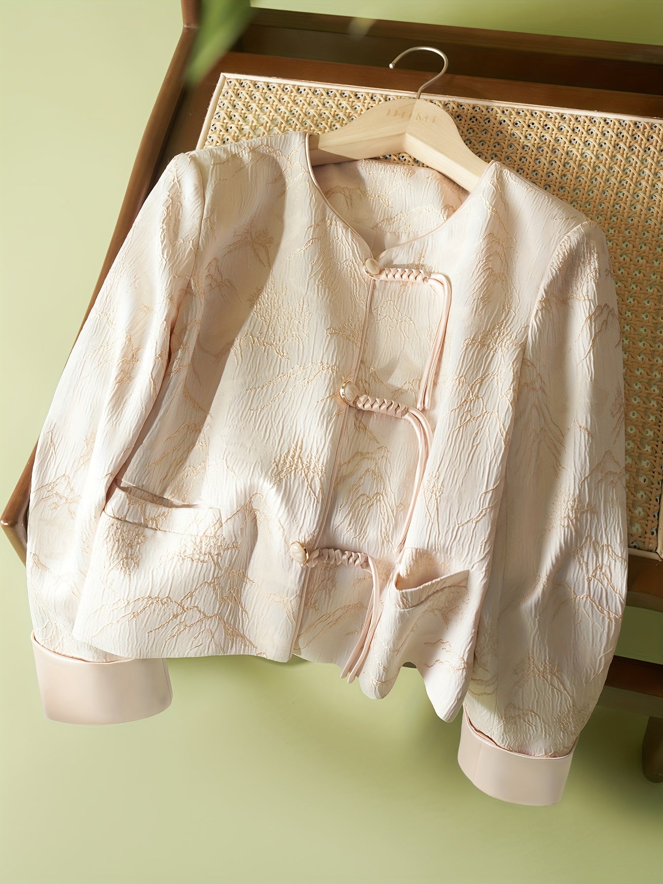 IHIMI Women's Elegant Ethnic Textured Jacket - V-Neck Long Sleeve Button Front Casual Commuter Coat, Machine Washable Lightweight Spring Summer Fall Outerwear, Singlesided Pocket