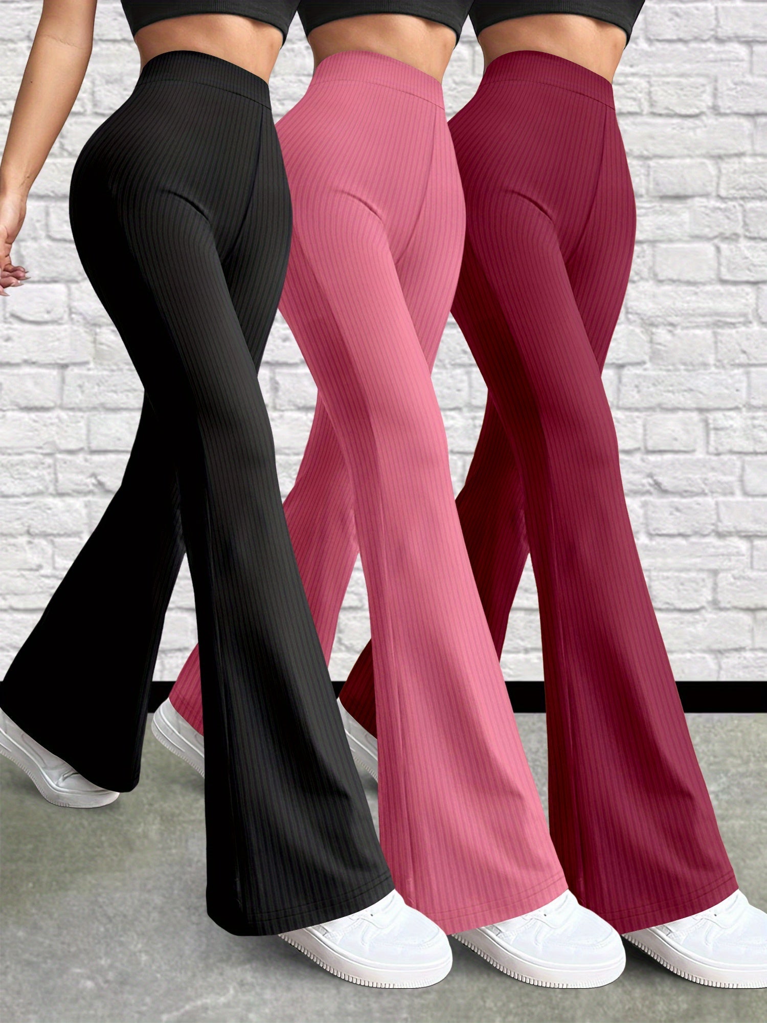 Three-Piece Set - K11 Women'S Versatile Solid Color Casual Pants, Stretchy Pants, High-Waisted Slim Fit Flared Pants for Women