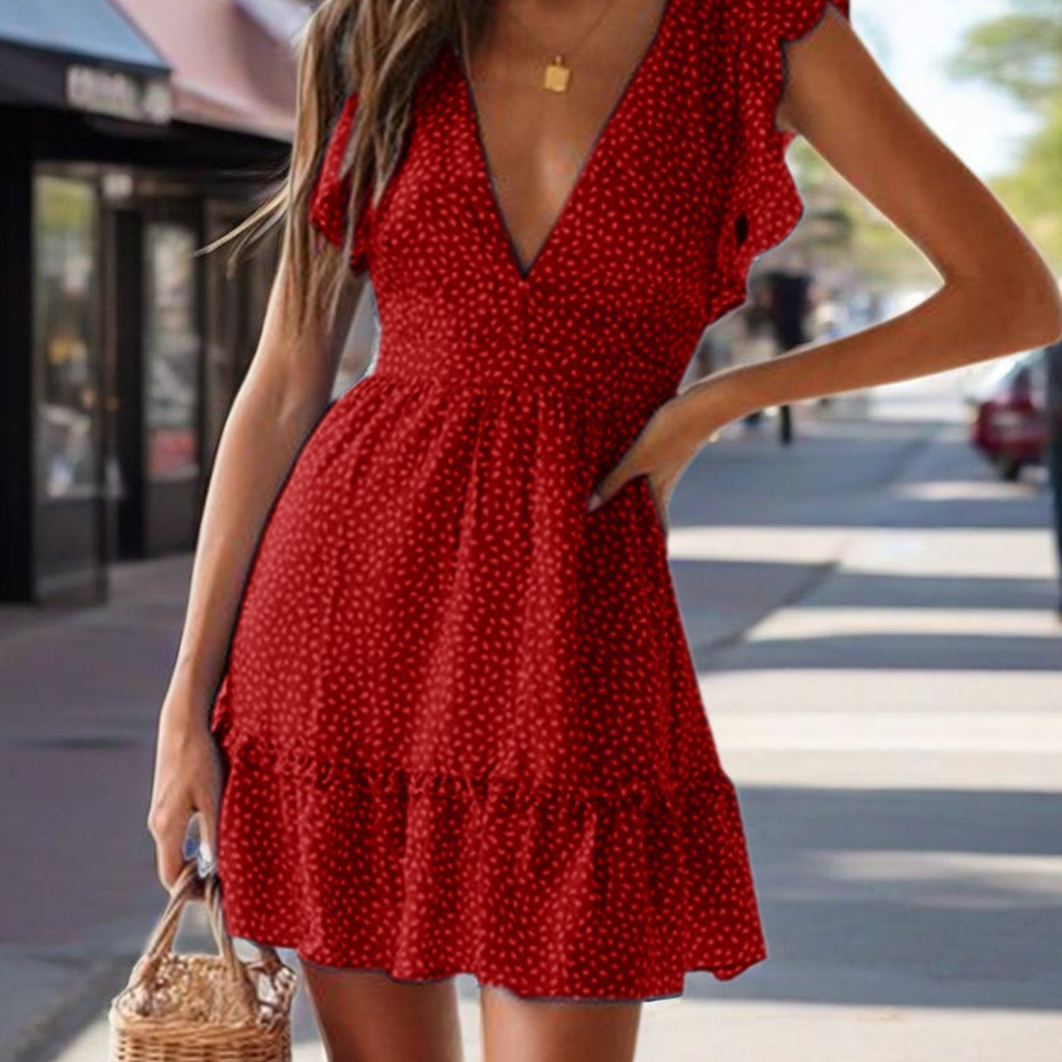 Summer Women deep V Neck Mini Dress Ruffle Flutter Sleeve Polka Dot Dresses