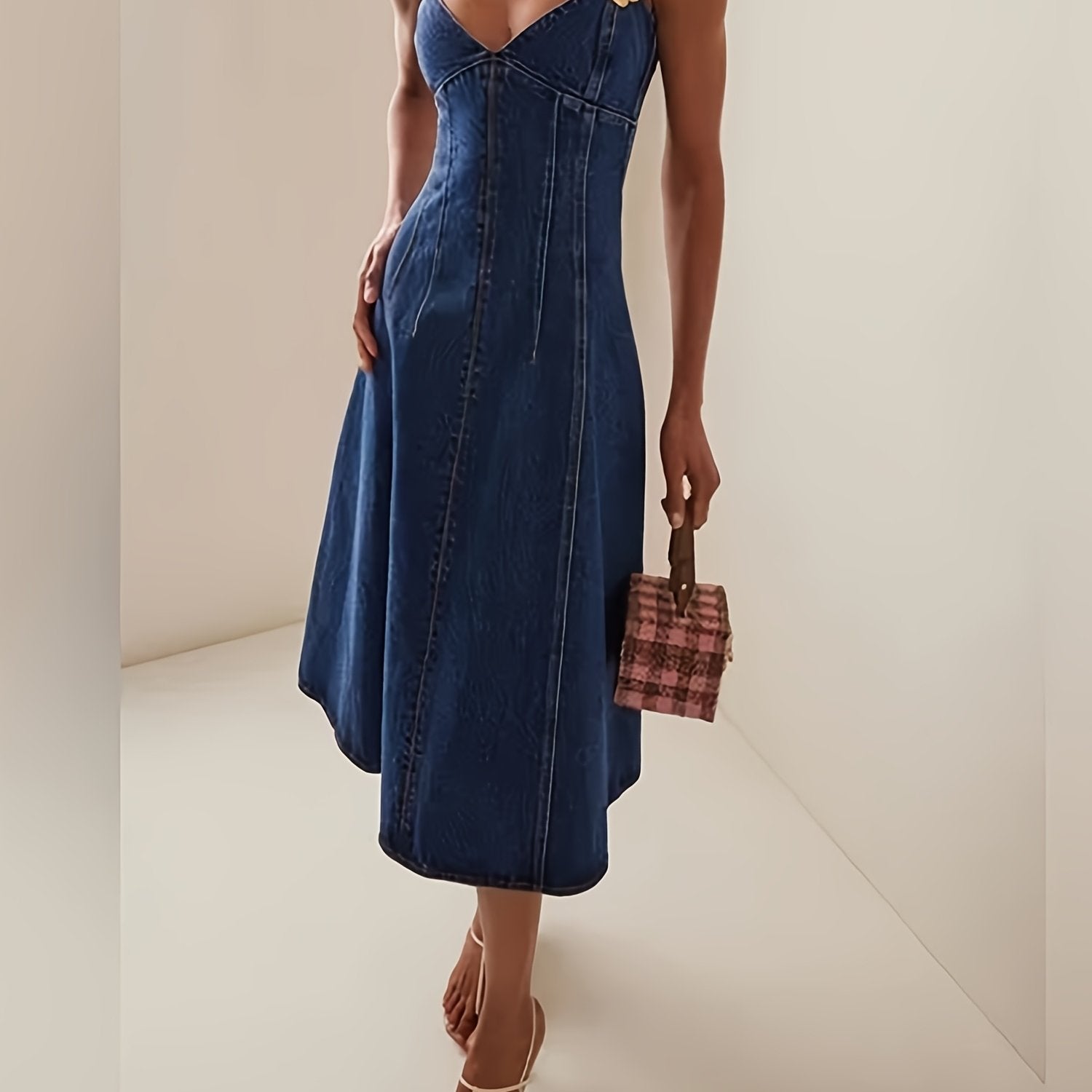 Metallic Denim Dress Summer Dark Blue Metallic Denim Dress | Women's Mid-Length Spaghetti-Strap Dress With A Back Zipper - Decorated With Metallic Petal Embellishments
