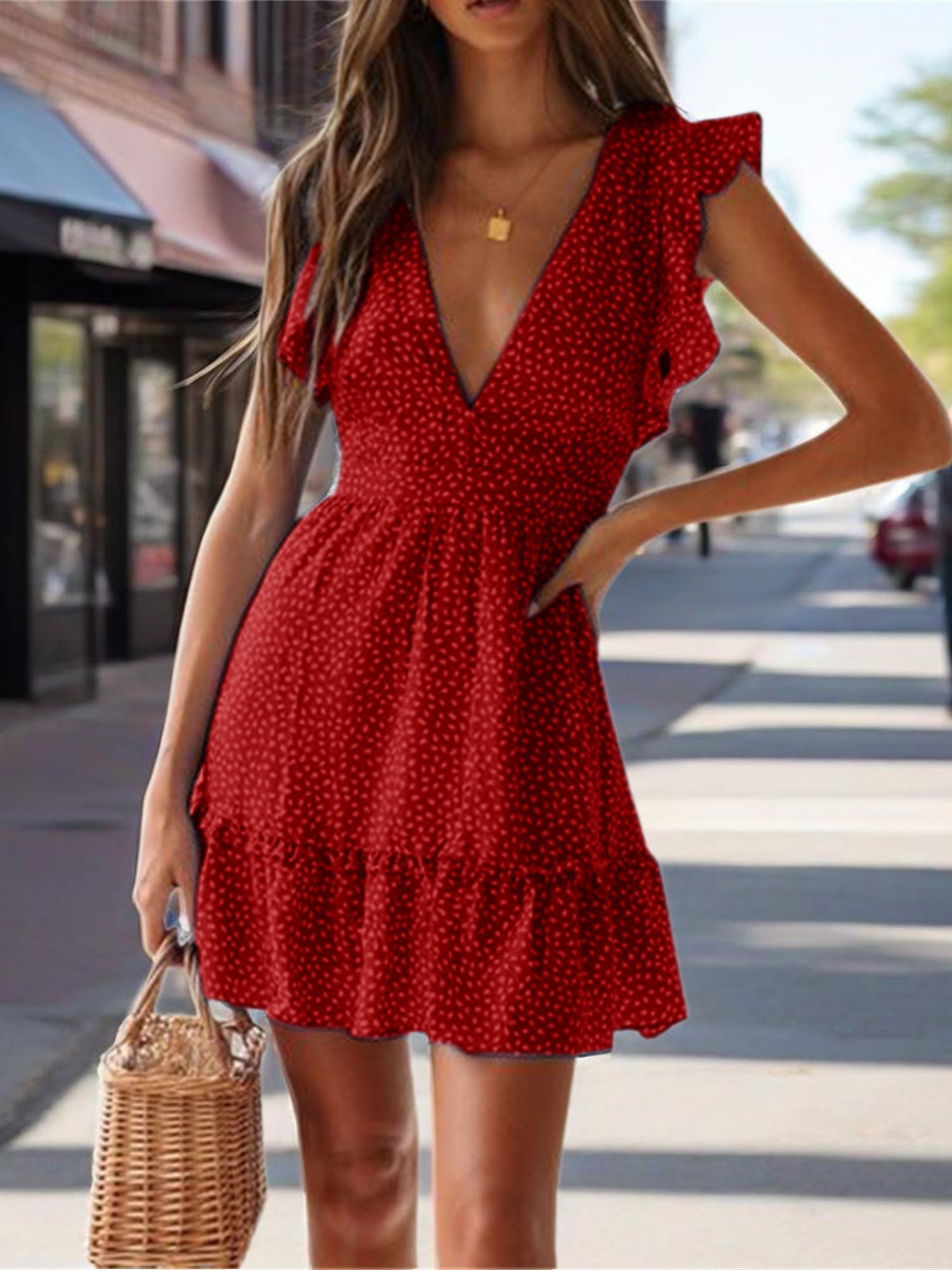 Summer Women deep V Neck Mini Dress Ruffle Flutter Sleeve Polka Dot Dresses