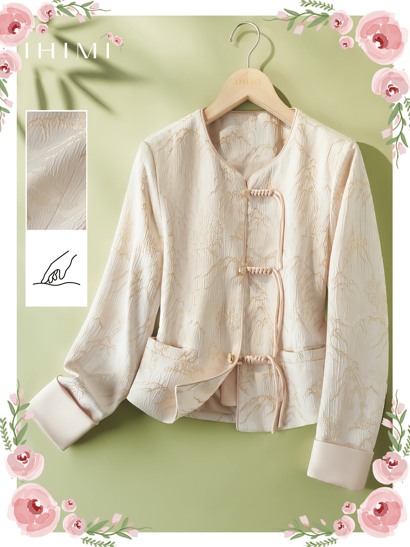 IHIMI Women's Elegant Ethnic Textured Jacket - V-Neck Long Sleeve Button Front Casual Commuter Coat, Machine Washable Lightweight Spring Summer Fall Outerwear, Singlesided Pocket