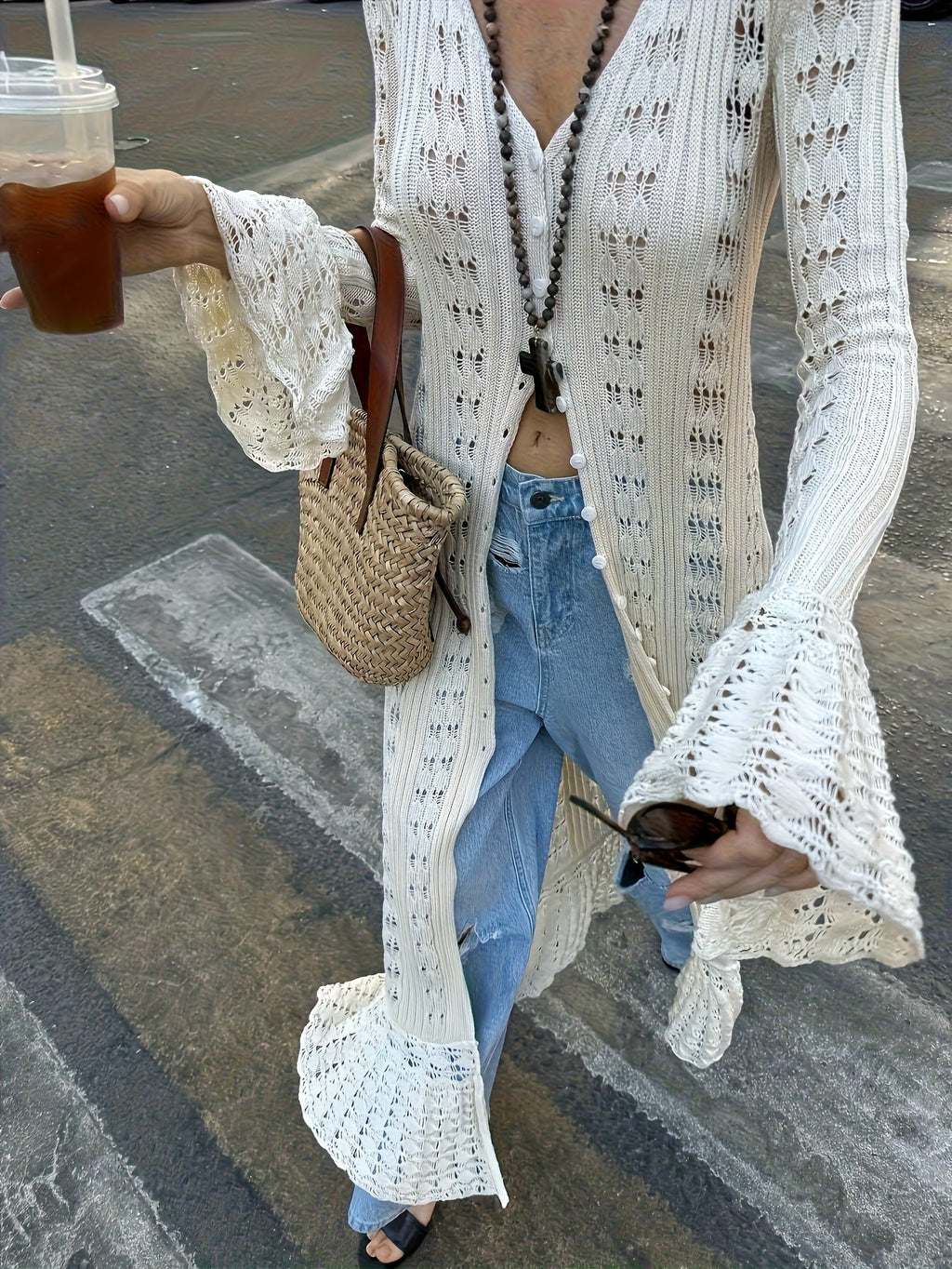 New Hollowed-out Bell Sleeve Coat, Casual Long Loose Lower Hem Uniquely Designed Cardigan, V-neck Beach Cover-up - Suitable for Summer Beach Wear, with Buttons, Perfect for Poolside Or Beach Outings, Great for Wearing By The Pool