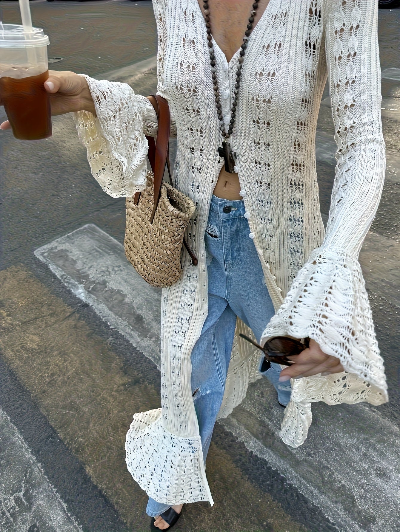 New Hollowed-out Bell Sleeve Coat, Casual Long Loose Lower Hem Uniquely Designed Cardigan, V-neck Beach Cover-up - Suitable for Summer Beach Wear, with Buttons, Perfect for Poolside Or Beach Outings, Great for Wearing By The Pool