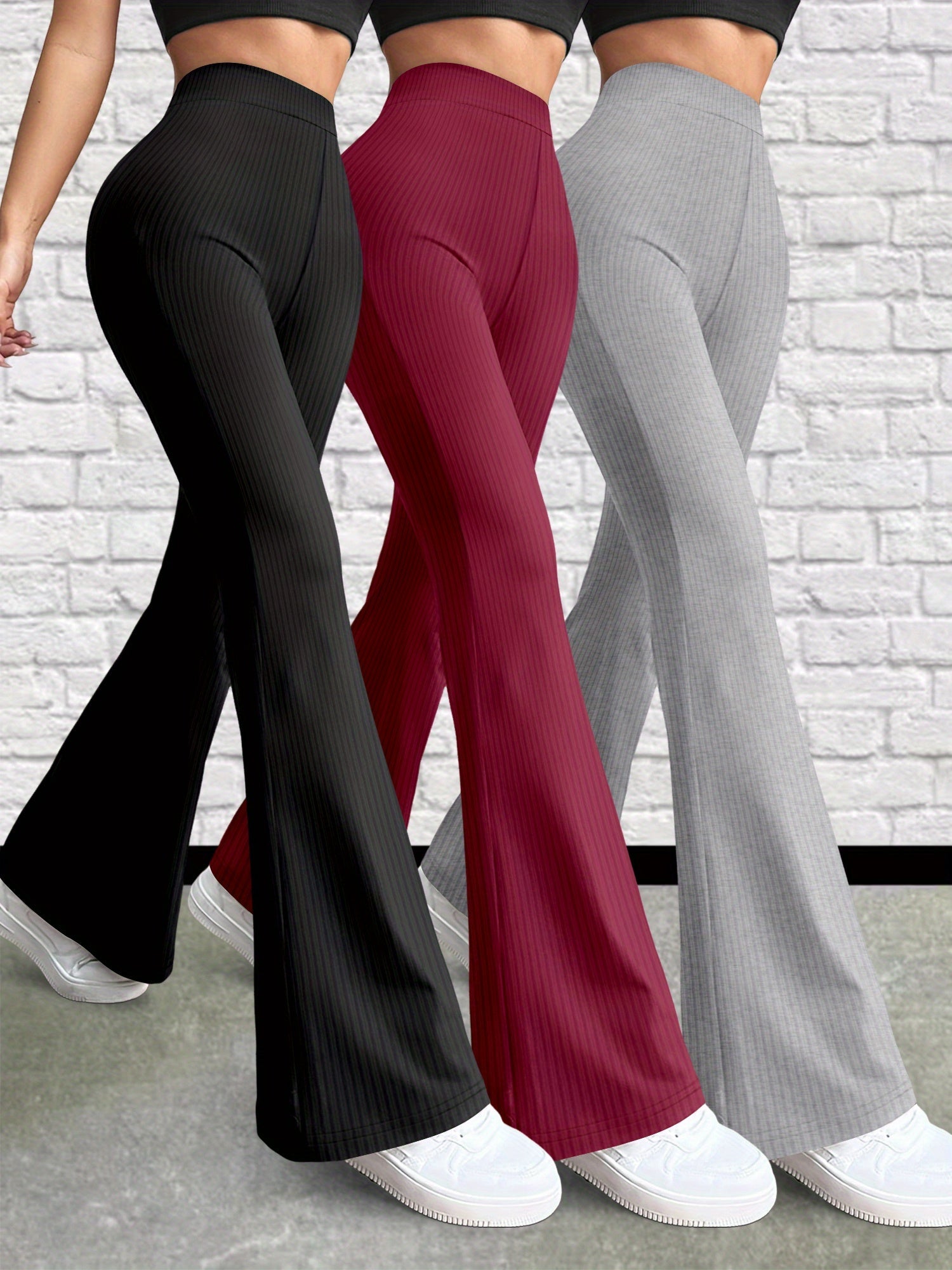 Three-Piece Set - K11 Women'S Versatile Solid Color Casual Pants, Stretchy Pants, High-Waisted Slim Fit Flared Pants for Women