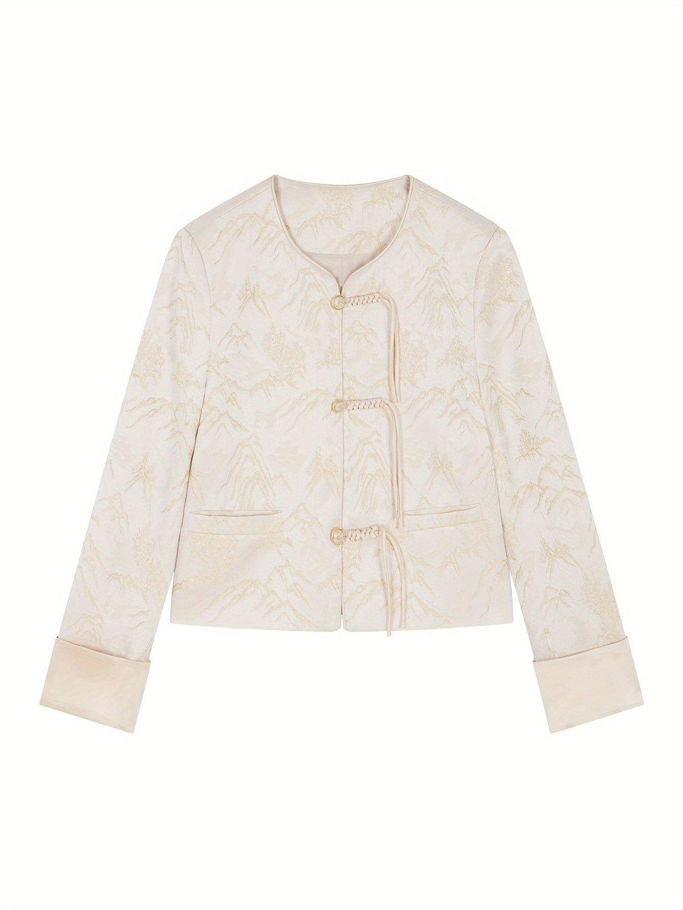 IHIMI Women's Elegant Ethnic Textured Jacket - V-Neck Long Sleeve Button Front Casual Commuter Coat, Machine Washable Lightweight Spring Summer Fall Outerwear, Singlesided Pocket