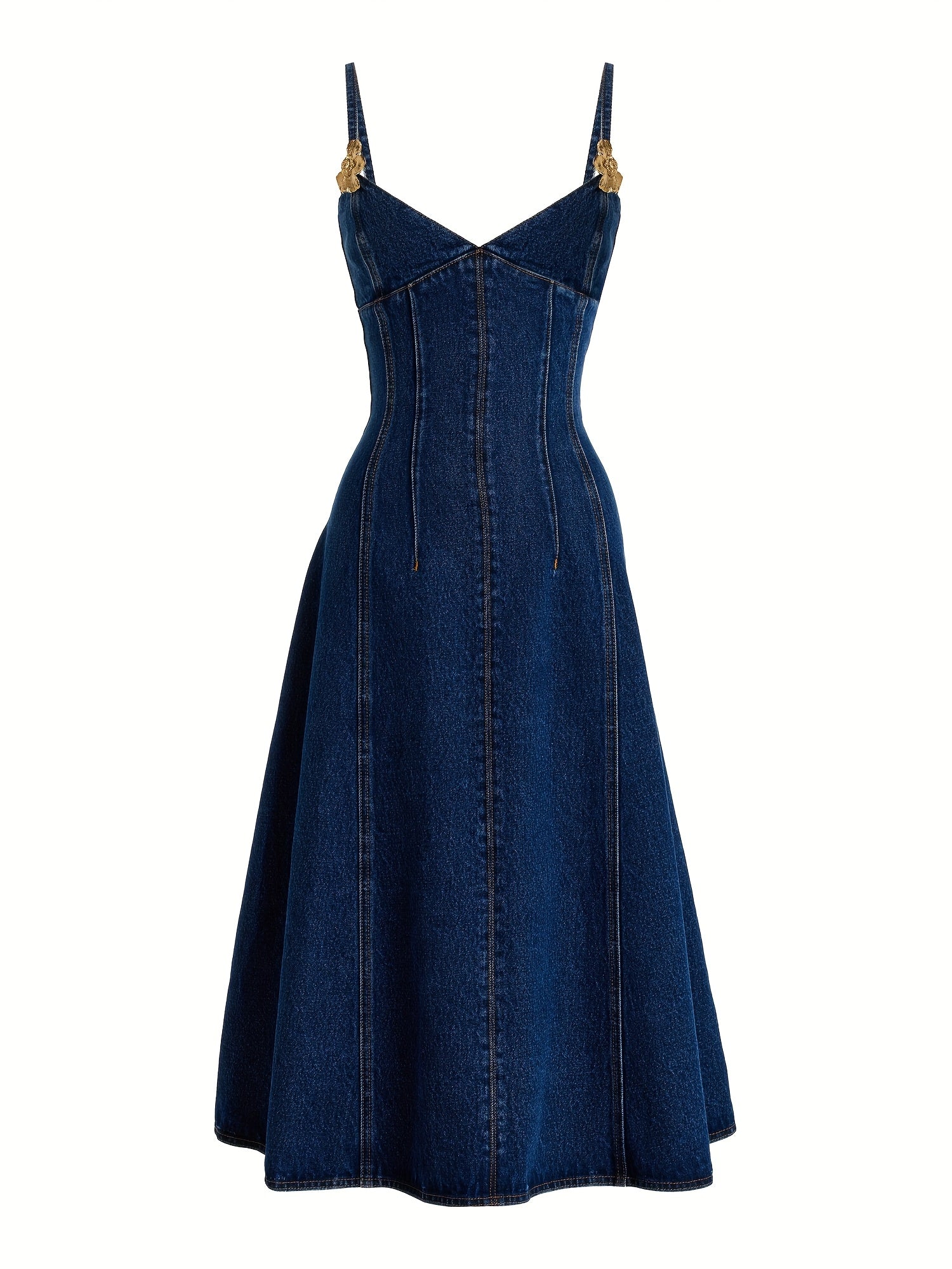 Metallic Denim Dress Summer Dark Blue Metallic Denim Dress | Women's Mid-Length Spaghetti-Strap Dress With A Back Zipper - Decorated With Metallic Petal Embellishments