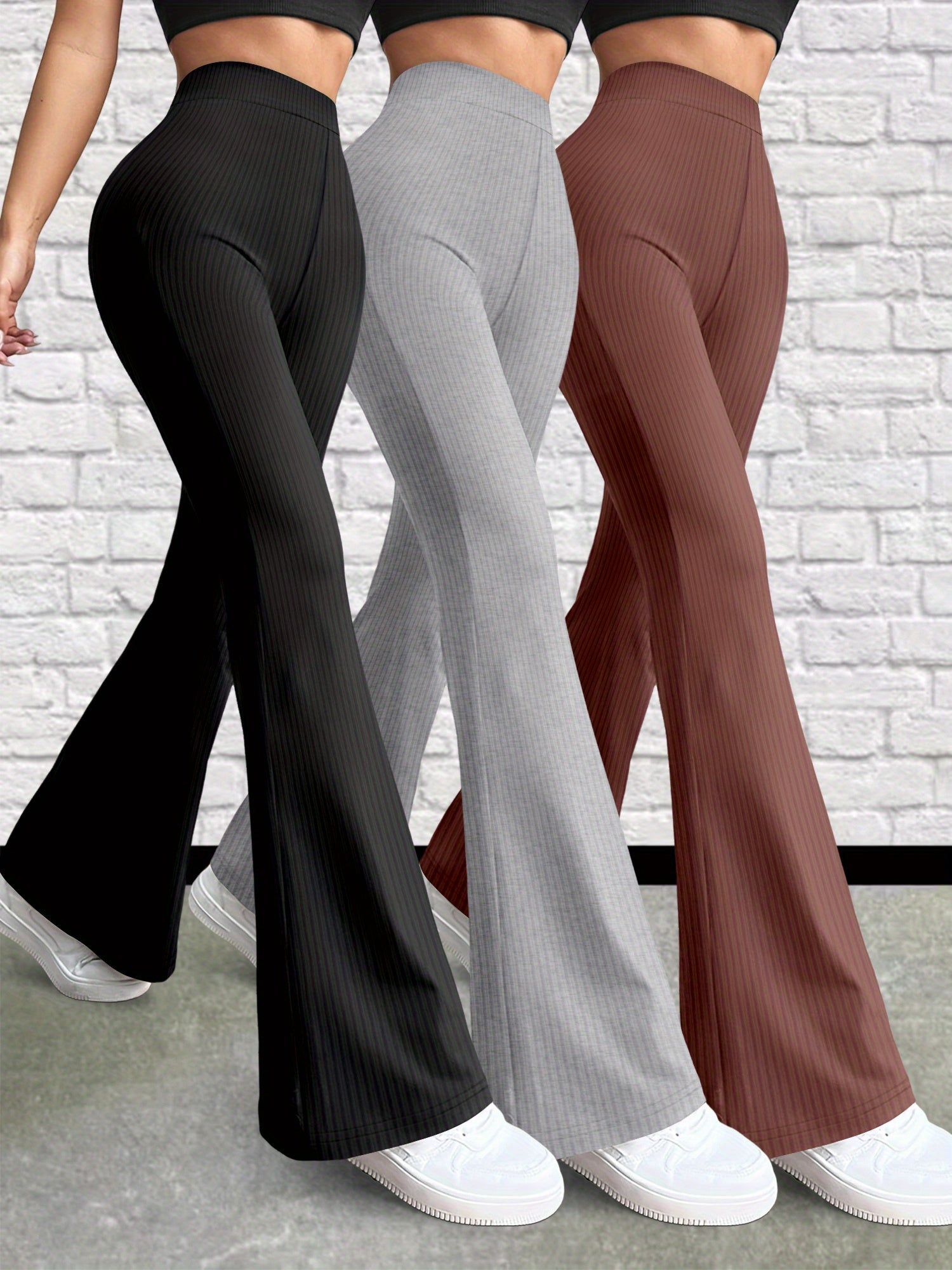 Three-Piece Set - K11 Women'S Versatile Solid Color Casual Pants, Stretchy Pants, High-Waisted Slim Fit Flared Pants for Women