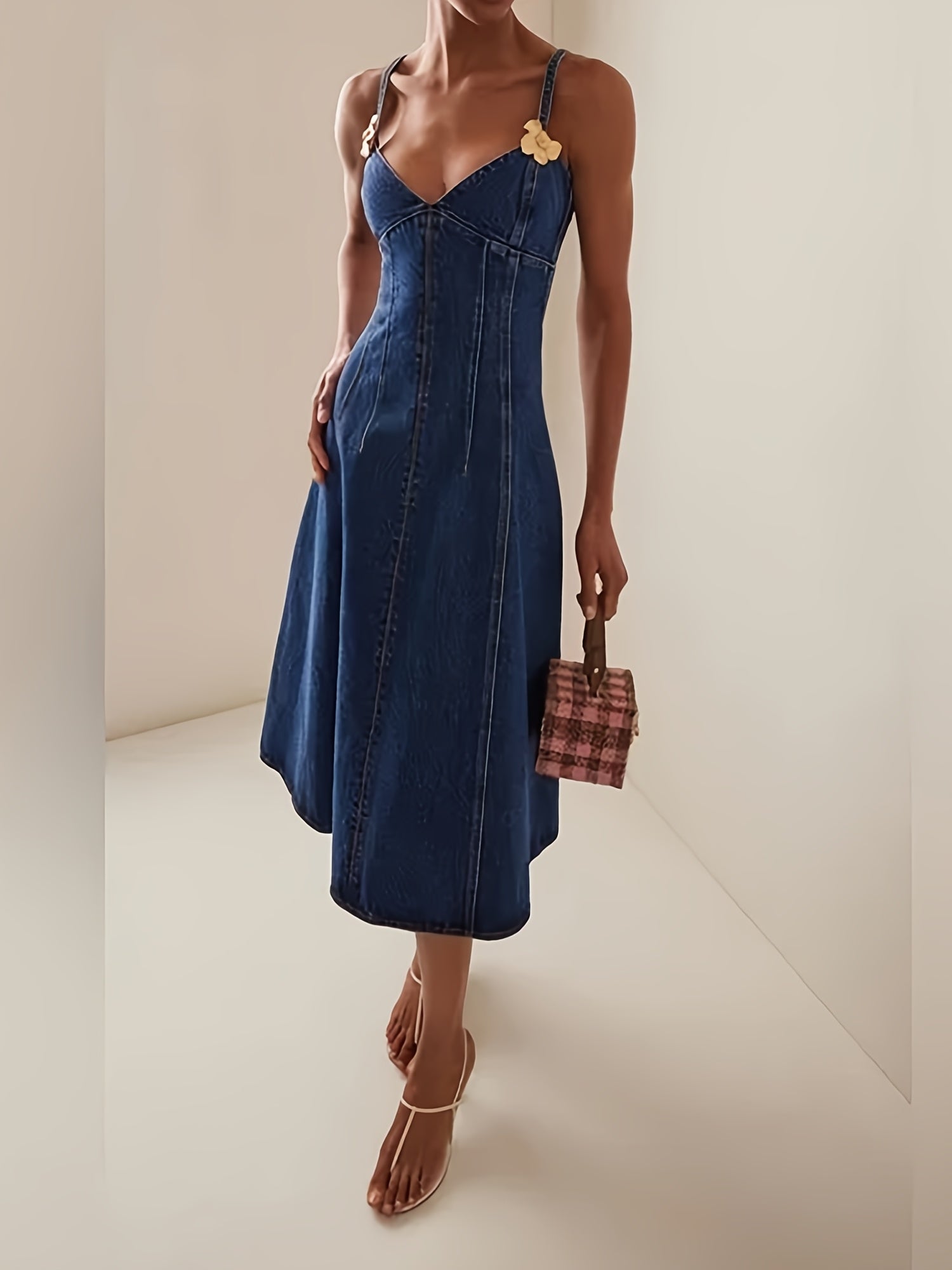 Metallic Denim Dress Summer Dark Blue Metallic Denim Dress | Women's Mid-Length Spaghetti-Strap Dress With A Back Zipper - Decorated With Metallic Petal Embellishments