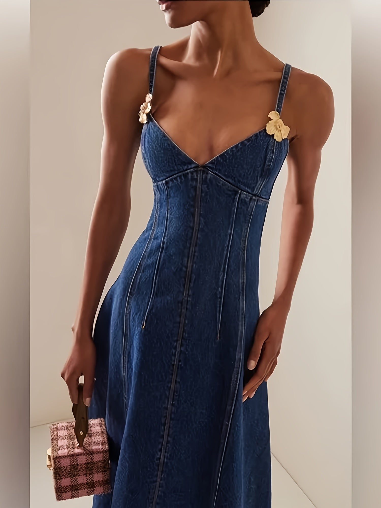 Metallic Denim Dress Summer Dark Blue Metallic Denim Dress | Women's Mid-Length Spaghetti-Strap Dress With A Back Zipper - Decorated With Metallic Petal Embellishments