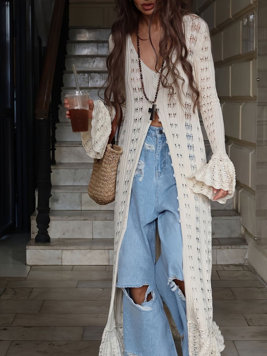 New Hollowed-out Bell Sleeve Coat, Casual Long Loose Lower Hem Uniquely Designed Cardigan, V-neck Beach Cover-up - Suitable for Summer Beach Wear, with Buttons, Perfect for Poolside Or Beach Outings, Great for Wearing By The Pool