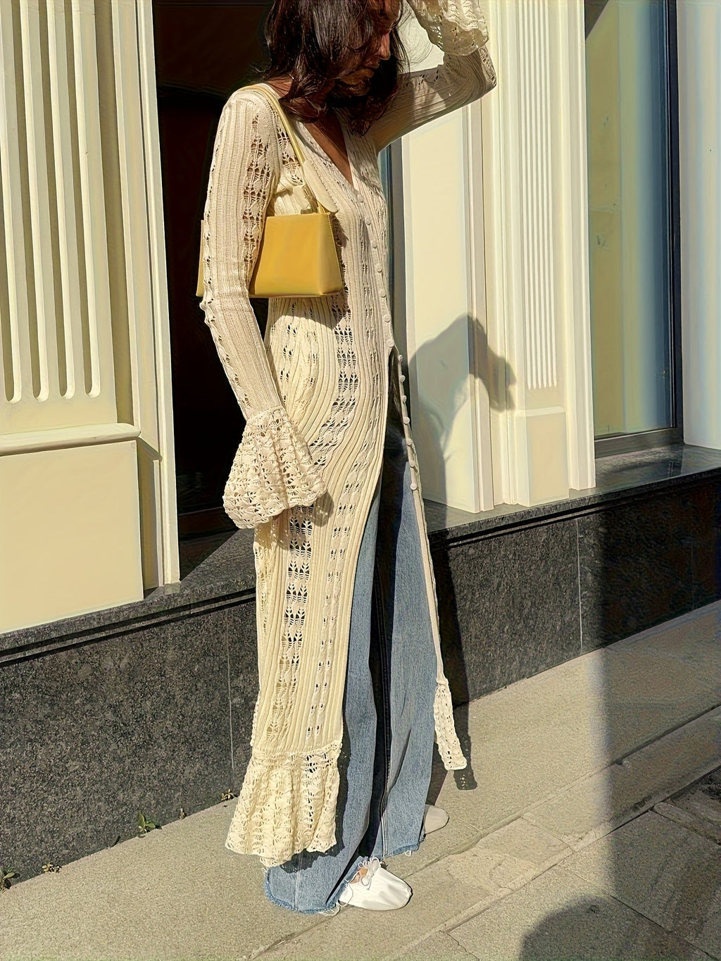 New Hollowed-out Bell Sleeve Coat, Casual Long Loose Lower Hem Uniquely Designed Cardigan, V-neck Beach Cover-up - Suitable for Summer Beach Wear, with Buttons, Perfect for Poolside Or Beach Outings, Great for Wearing By The Pool