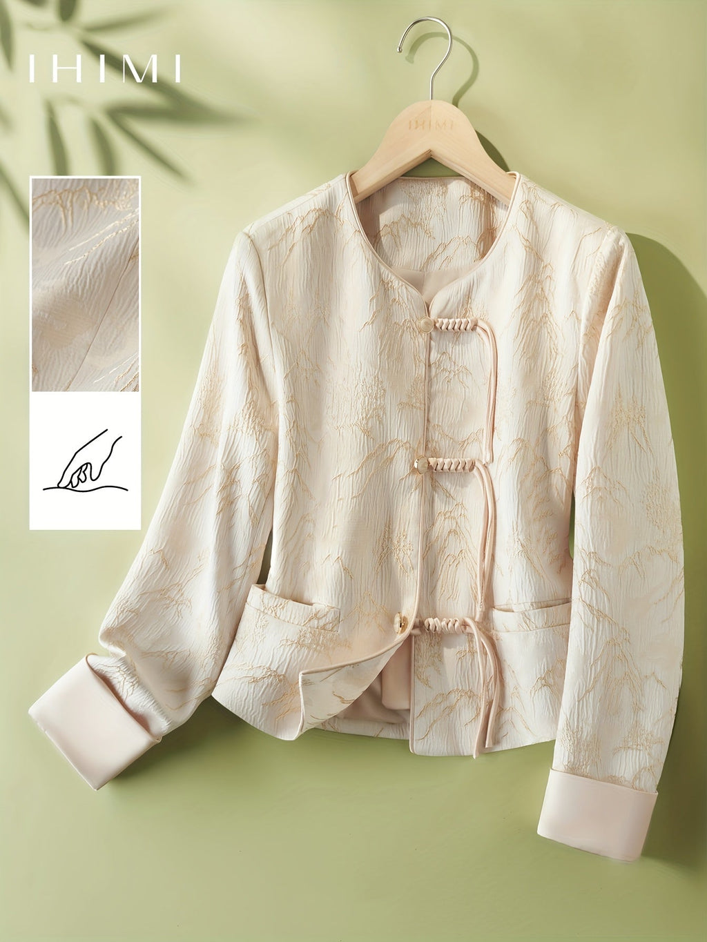 IHIMI Women's Elegant Ethnic Textured Jacket - V-Neck Long Sleeve Button Front Casual Commuter Coat, Machine Washable Lightweight Spring Summer Fall Outerwear, Singlesided Pocket