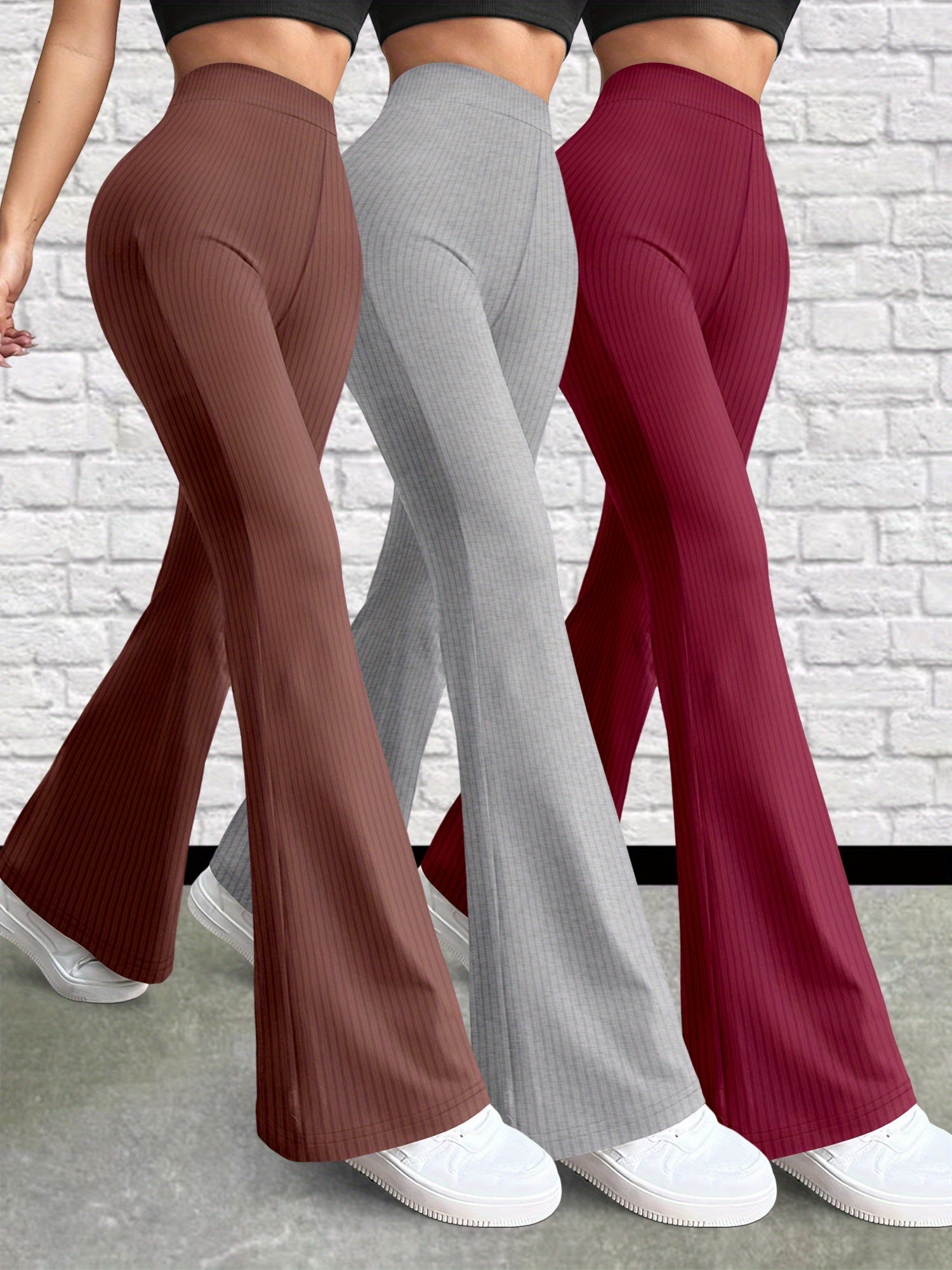 Three-Piece Set - K11 Women'S Versatile Solid Color Casual Pants, Stretchy Pants, High-Waisted Slim Fit Flared Pants for Women